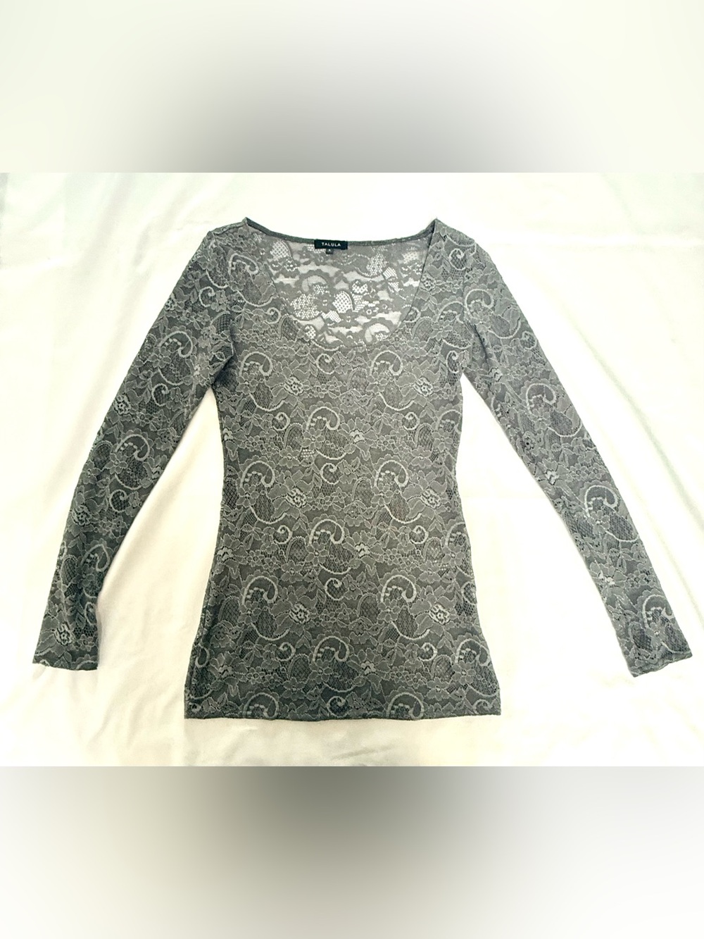 Aritzia Talula Grey Lace Long Sleeve Top Romantic Sheer Y2K - Picture 3 of 9